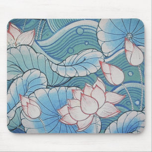Chinoiserie Pastel Oriental Pink & Blue Floral Mouse Mat