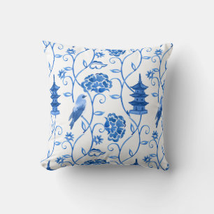 Chinoiserie Pattern Blue Watercolor Floral Pagoda Cushion