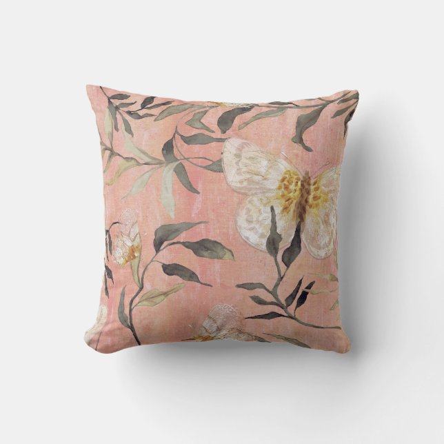 Chinoiserie Peach Butterfly Eucalyptus Greenery Cushion (Front)