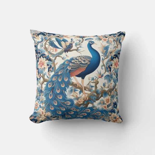 Chinoiserie Peacock Blue and White Cushion (Front)