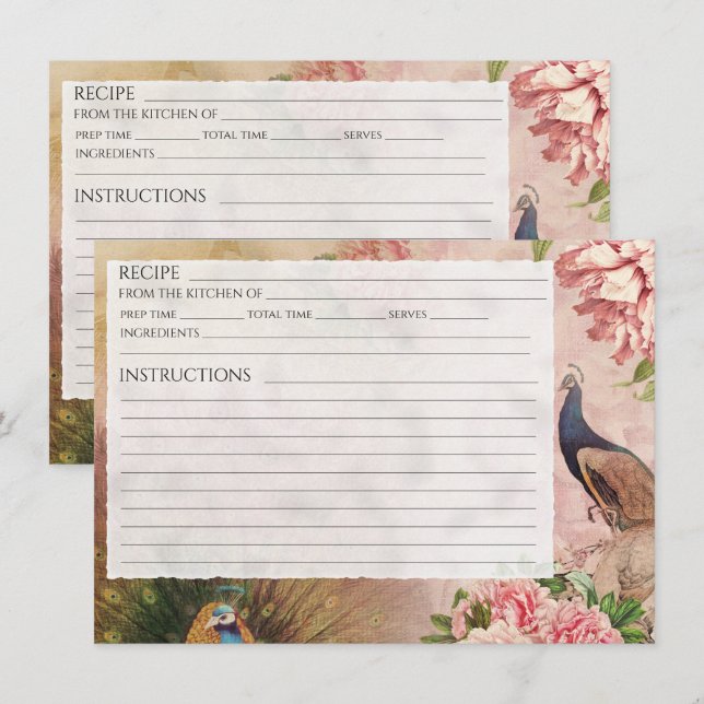 Chinoiserie Peacock Blush Peony Bridal Recipe Card (Front/Back)