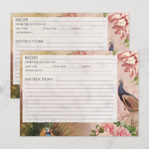 Chinoiserie Peacock Blush Peony Bridal Recipe Card