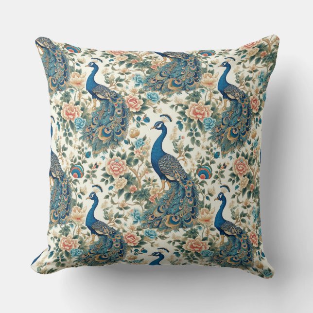 Chinoiserie Peacock Floral Cushion (Front)