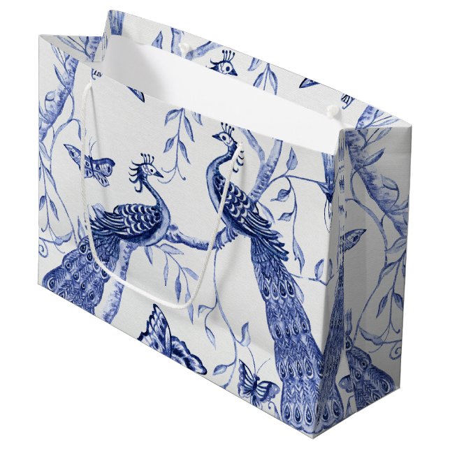 Chinoiserie Peacock Floral Navy Blue Bridal Shower Large Gift Bag (Front Angled)