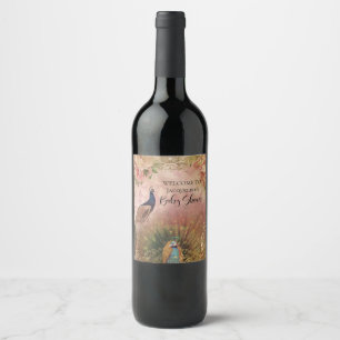  Chinoiserie Peony Floral Peacock Baby Girl Shower Wine Label