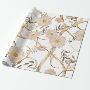 Chinoiserie Peony Floral Watercolor Blush Pink Wrapping Paper