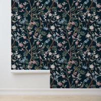Chinoiserie Peony Flowers,Trees Birds Dark Floral