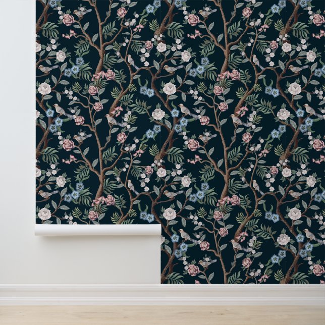 Chinoiserie Peony Flowers,Trees Birds Dark Floral Wallpaper (Application)