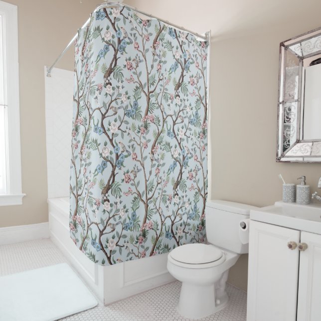 Chinoiserie Peony Flowers,Trees & Birds Light Grey Shower Curtain (In Situ)