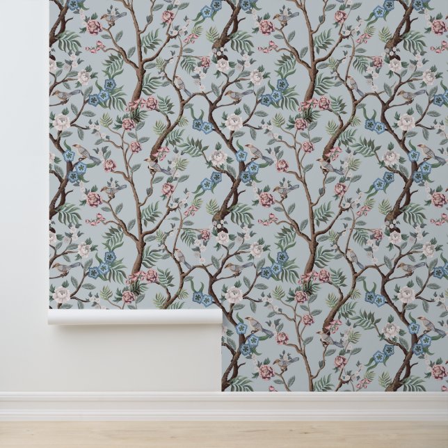 Chinoiserie Peony Flowers,Trees & Birds Light Grey Wallpaper (Application)