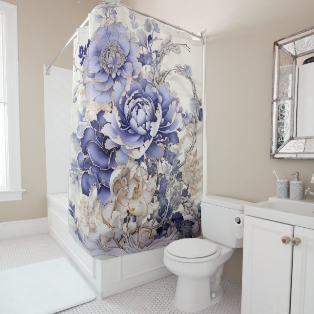 Chinoiserie Peony Painting in Blue and White Shower Curtain (In Situ)
