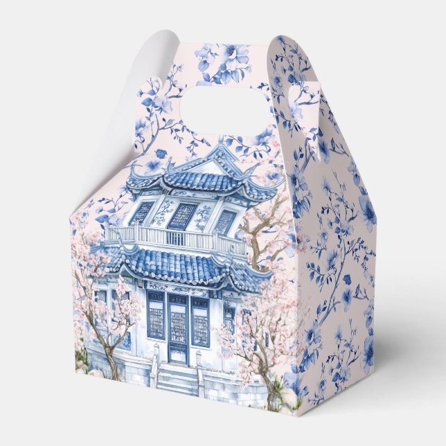 Chinoiserie Pink & Blue Pagoda Bridal Tea Favour Box (Front Side)