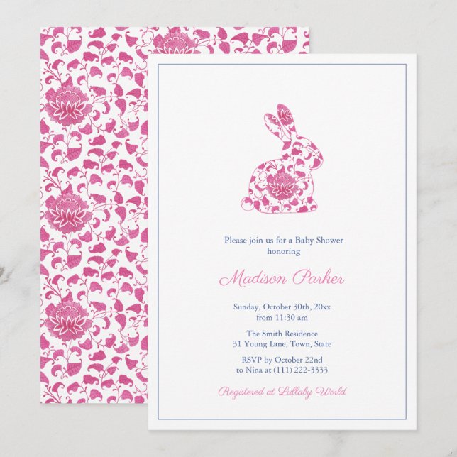 Chinoiserie Pink Bunny Baby Girl Shower Invitation (Front/Back)