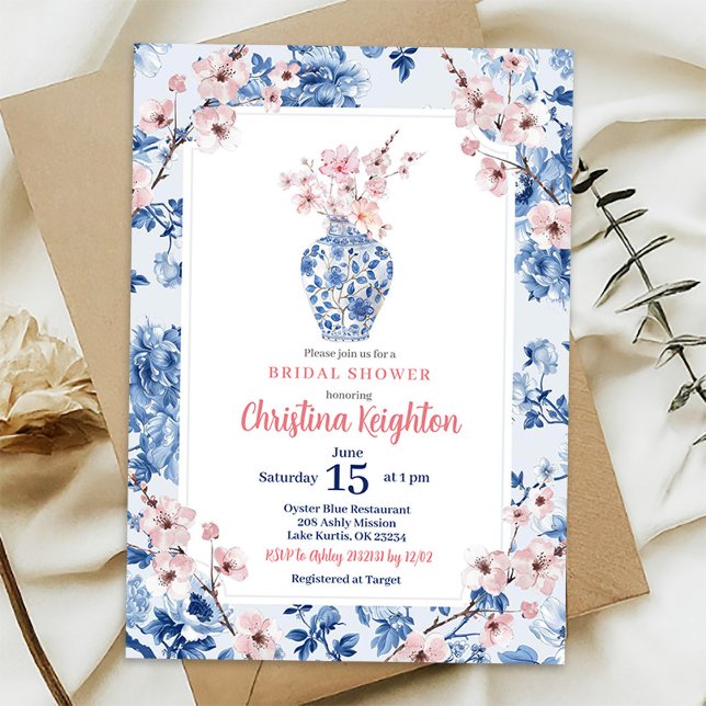 Chinoiserie Pink Cherry Blossom Bridal Shower Invitation (Creator Uploaded)