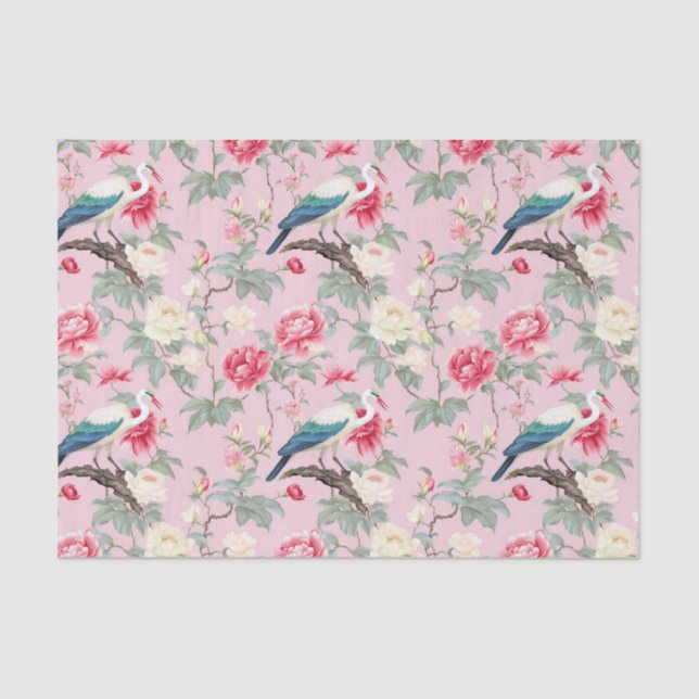 Chinoiserie Pink Floral Egret Tissue Paper (Front)
