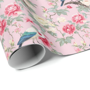 Chinoiserie Pink Floral Egret Wrapping Paper