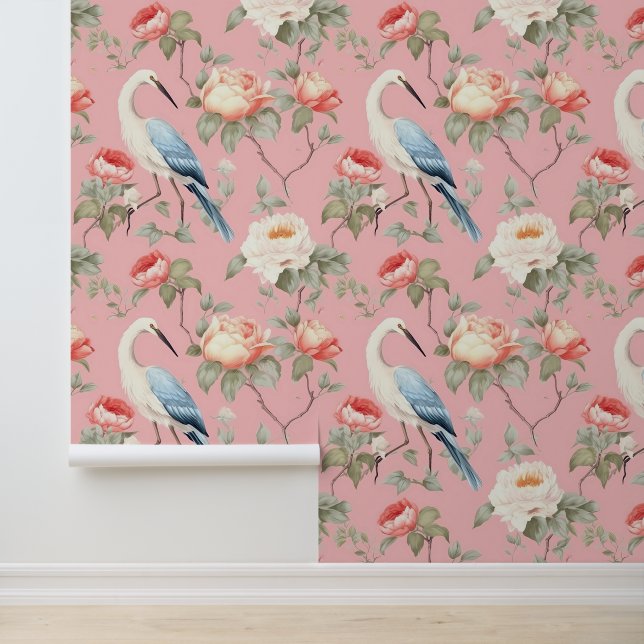 Chinoiserie Pink Flowers & Egrets Pattern Wallpaper (Application)