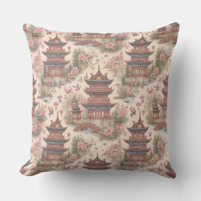 Chinoiserie Pink Pagoda Watercolor Cushion (Front)