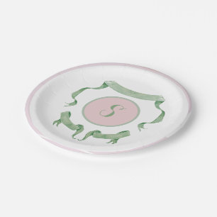 Chinoiserie Pink Ribbons Logo Crest  Paper Plate