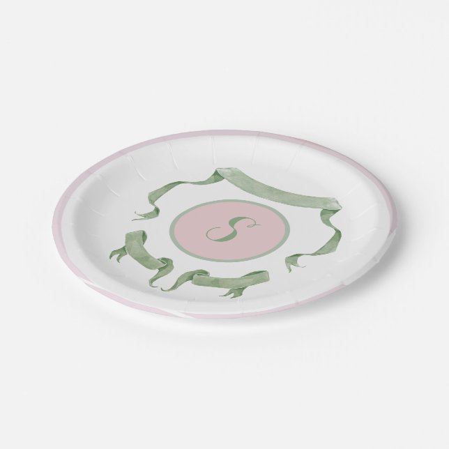 Chinoiserie Pink Ribbons Logo Crest  Paper Plate (Angled)