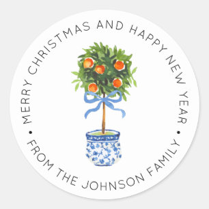 Chinoiserie Pottery Orange Topiary Tree Blue Classic Round Sticker