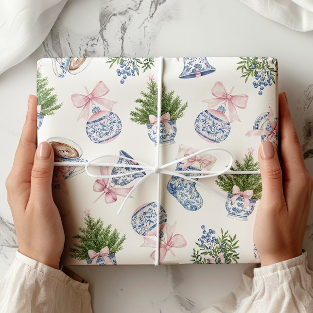 Chinoiserie Preppy Bow Christmas Wrapping Paper (Creator Uploaded)