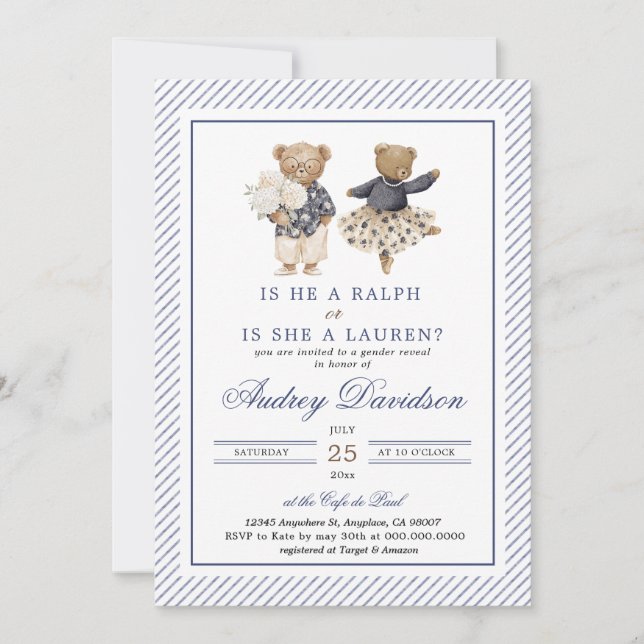 Chinoiserie Preppy Ralph Polo Bear Gender Reveal  Invitation (Front)