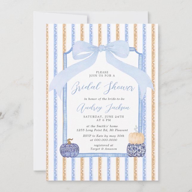 Chinoiserie Pumpkin & Blue Bow Fall Bridal Shower Invitation (Front)