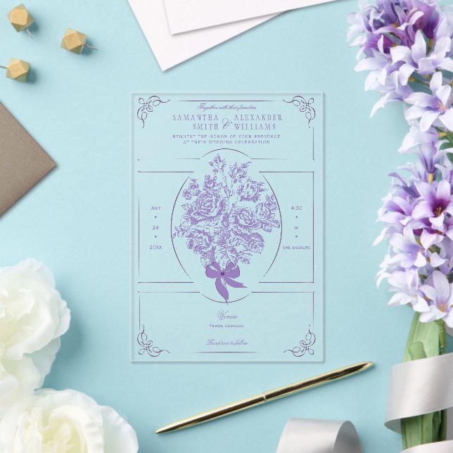 Chinoiserie Purple Roses Bouquet Victorian Wedding Acrylic Invitations (Insitu (Wedding))
