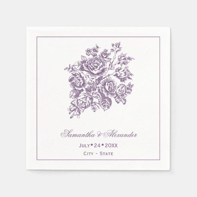 Chinoiserie Purple Roses Bouquet Victorian Wedding Napkin (Front)