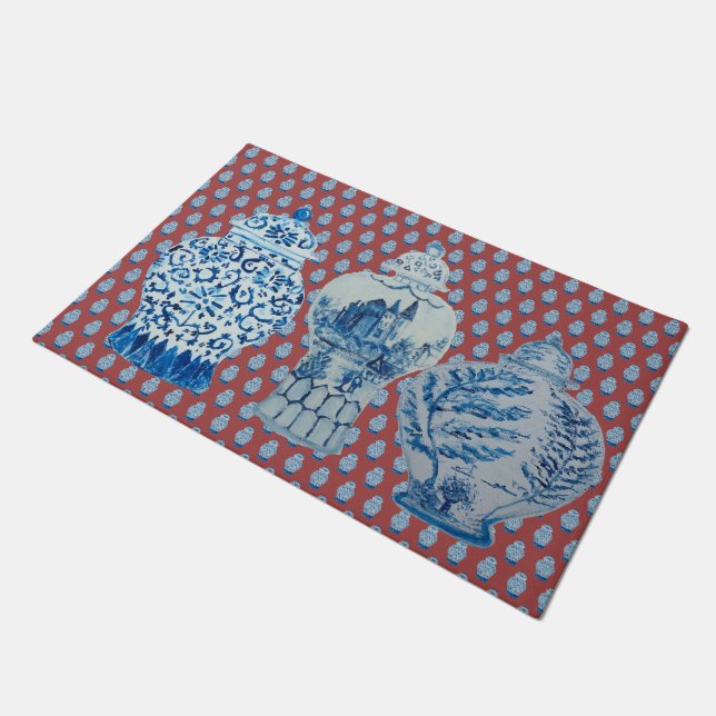 Chinoiserie Red Blue White Ginger Jars Doormat (Angled)