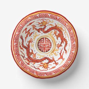 Chinoiserie Red Gold Imperial Dragon Faux China Paper Plate