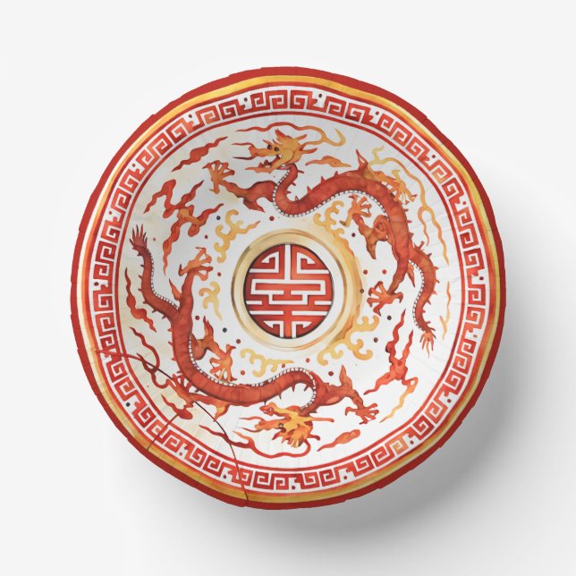Chinoiserie Red Gold Imperial Dragon Faux China Paper Plate (Front)