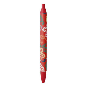 Chinoiserie Red Hawaiian Floral Japanese Kimono Black Ink Pen