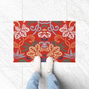 Chinoiserie Red Hawaiian Floral Japanese Kimono Doormat