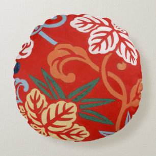 Chinoiserie Red Hawaiian Floral Japanese Kimono Round Cushion