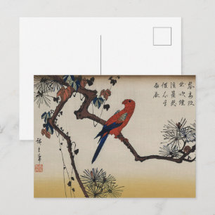 Chinoiserie Red Parrot & Zen Pine Woodblock Postcard