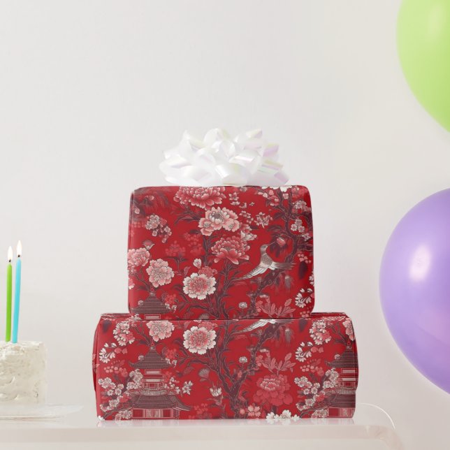 Chinoiserie Red Pink Floral Painting Wrapping Paper (Party Gifts)