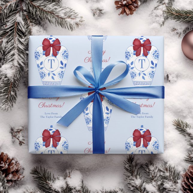 Chinoiserie Red White Blue Christmas Monogram Wrapping Paper (Elegant red white and blue Christmas gift wrap with watercolor ginger jars with red bow & monogram)