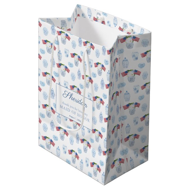 Chinoiserie Red White Blue Wedding Party Thank You Medium Gift Bag (Front Angled)