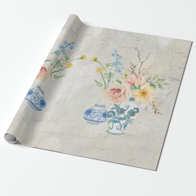 Chinoiserie Rose Peony Floral Blue White Vases Wrapping Paper (Unrolled)