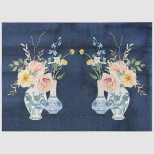 Chinoiserie Rose Peony Flowers Navy Blue Wood  Tissue Paper