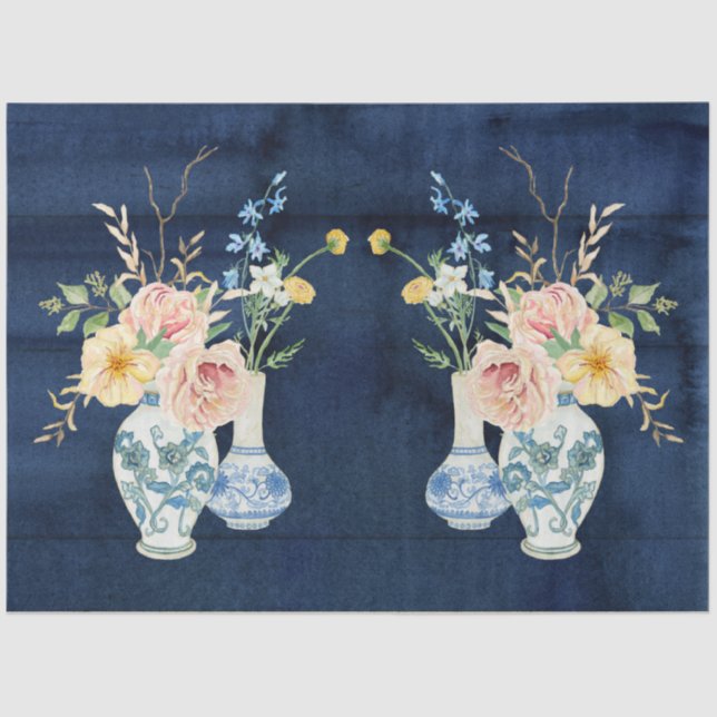 Chinoiserie Rose Peony Flowers Navy Blue Wood  Tissue Paper (Front)