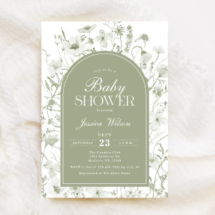 Chinoiserie Sage Green Floral Baby Shower Invitation