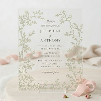 Chinoiserie Sage Green Floral Wedding Acrylic Invitations