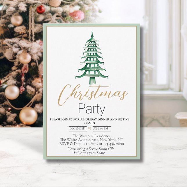 Chinoiserie Sage Green Pagoda Christmas Invitation (Chinoiserie Pagoda Christmas Tree- Christmas Party invitation)