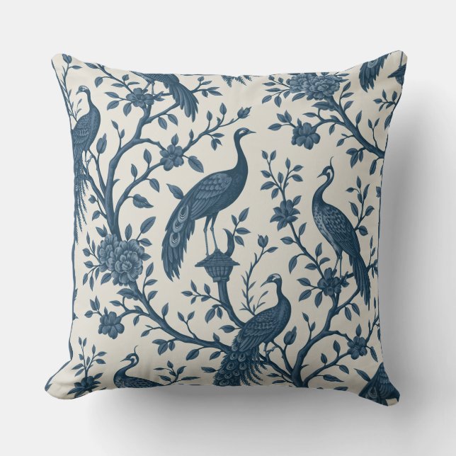 Chinoiserie Style Blue White Peacocks Throw Pillow (Front)