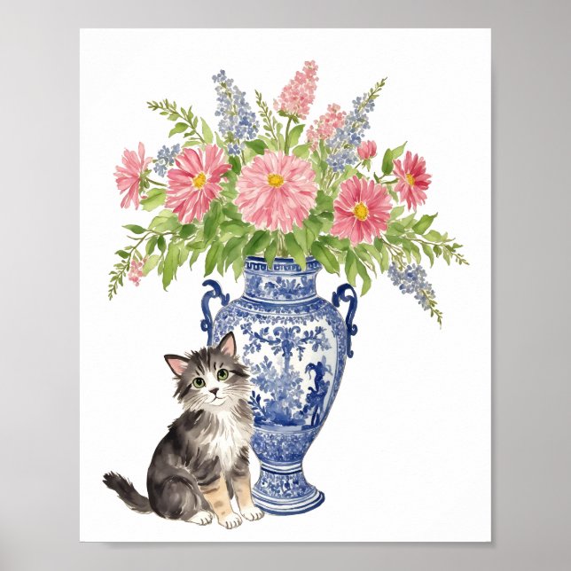 chinoiserie style cat with vase colourful flower poster (Front)