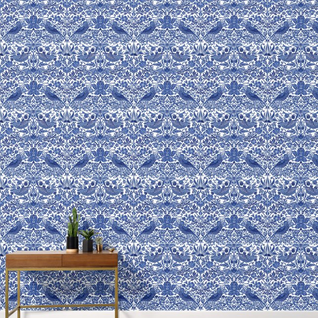 Chinoiserie Tamarind Bird Wedgewood Blue Designer  Wallpaper (Hallway)