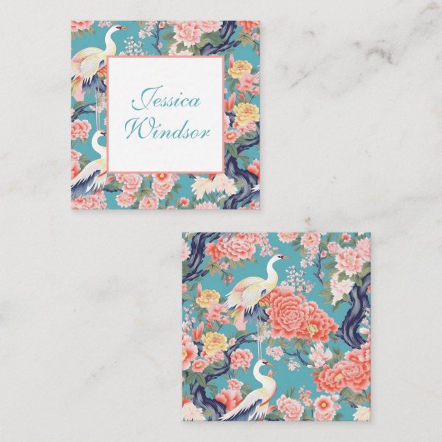 Chinoiserie Teal Floral Egret Gift Enclosure Card (Front/Back)